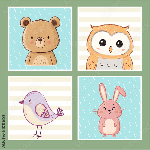 Cute baby animals nursery art set, hand drawn kawaii bear, owl, bird and rabbit illustrations for kids room decor and posters