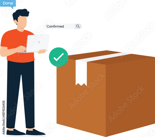Online Shopper Confirming Successful Order Delivery Process Cardboard Box Shipping Logistics Done Transaction Confirmed Purchase Flat Design