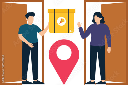 Food delivery courier service customer receiving pizza order doorstep delivery location tracking online shopping app modern illustration flat design home service quick meal