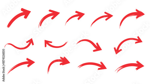 Set of 12 red arrow icons vector isolated on White Background