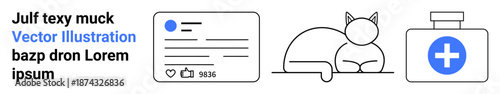 Social media, user interface design, pet care concepts, medical aid, online communication, and wellness. Minimalist cat outline, social media profile layout medical box with a cross. Social media
