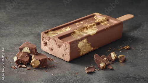 Decadent chocolate frozen confection decorated with edible gold flakes rests on a dark surface beside broken pieces