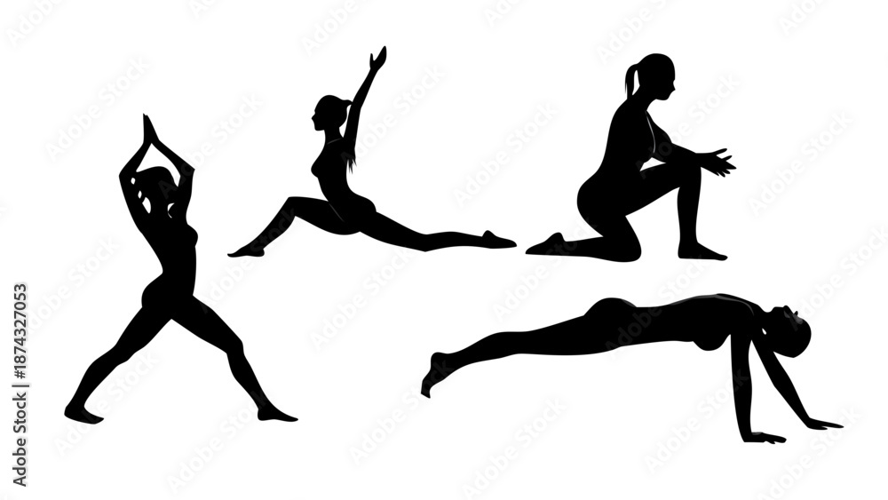 Fototapeta premium A collection of various yoga poses silhouettes, woman performing stretching and meditation exercises, elegant and smooth vector lines, isolated on white