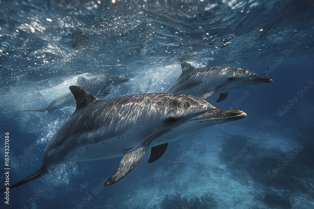 Fototapeta premium Dolphins swimming underwater in ocean with sunlight reflecting on their bodies, creating peaceful and natural marine scene full of life and movement