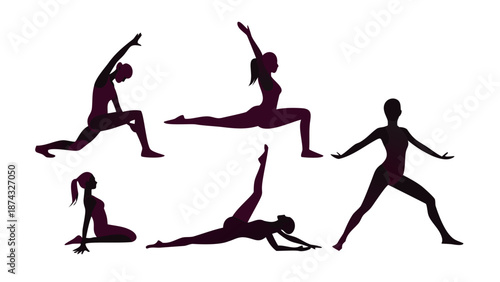 A collection of various yoga poses silhouettes, woman performing stretching and meditation exercises, elegant and smooth vector lines, isolated on white