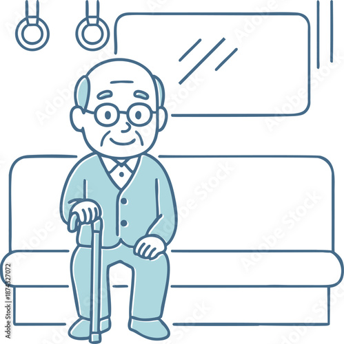 電車の座席に座り、杖をついて穏やかに微笑む高齢男性のイラスト