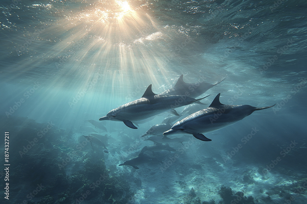 Fototapeta premium Dolphins swimming together underwater with sunlight rays penetrating ocean surface, creating serene and peaceful marine scene full of natural beauty and life