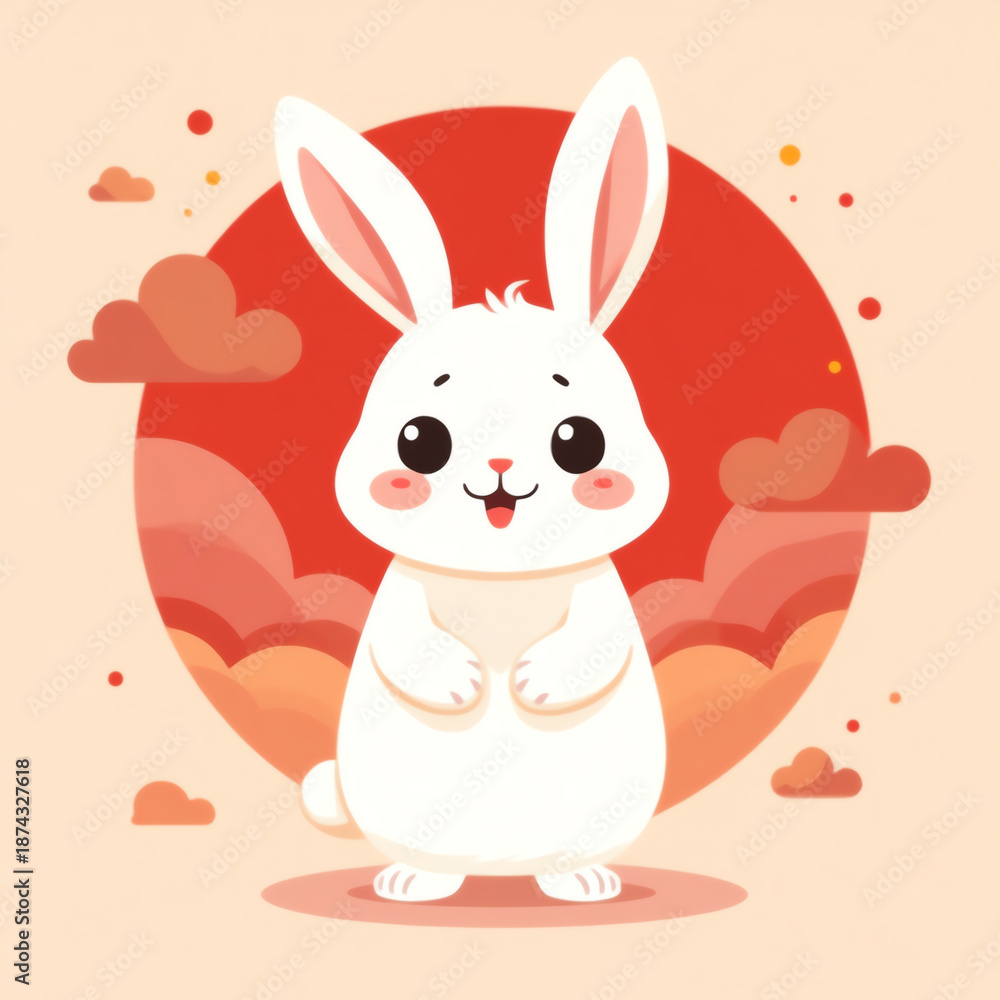 Obraz premium Cute cartoon white bunny on red circle background with clouds, happy Easter, spring, playful, charming, adorable, festive, whimsical.