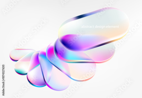 3D glass oval shapes. Transparent iridescent geometric shapes on white background. Abstract vector design elements.