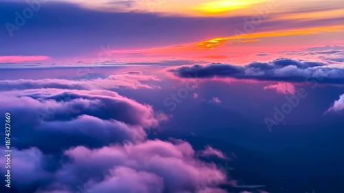 Vivid sunset hues paint the sky above a blanket of fluffy clouds. the warm, glowing colors blend seamlessly with the cooler blue tones, creating a serene atmosphere ideal for nature-themed prints or d