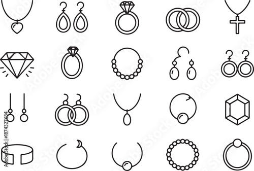Jewelry outline icon set rings earrings necklaces and accessories collection