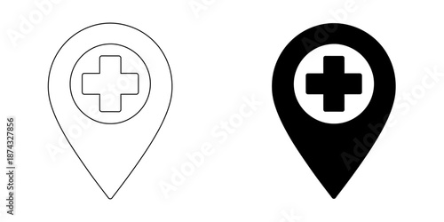Hospital location map pin icon with medical cross in line art and solid silhouette styles, isolated vector illustration for clinic navigation.