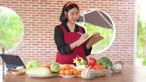 A woman is standing in front of a table with a variety of fruits and vegetables. She is wearing a red apron and holding a clipboard