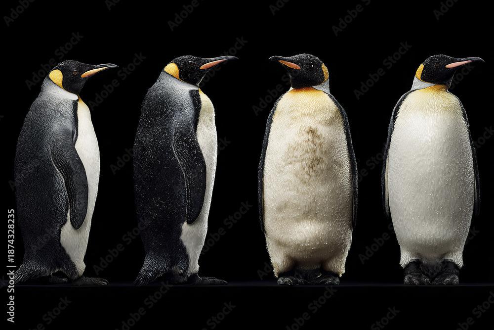 Fototapeta premium Emperor penguin standing in different postures with black background showing detailed feathers and yellow markings, creating striking and elegant wildlife portrait