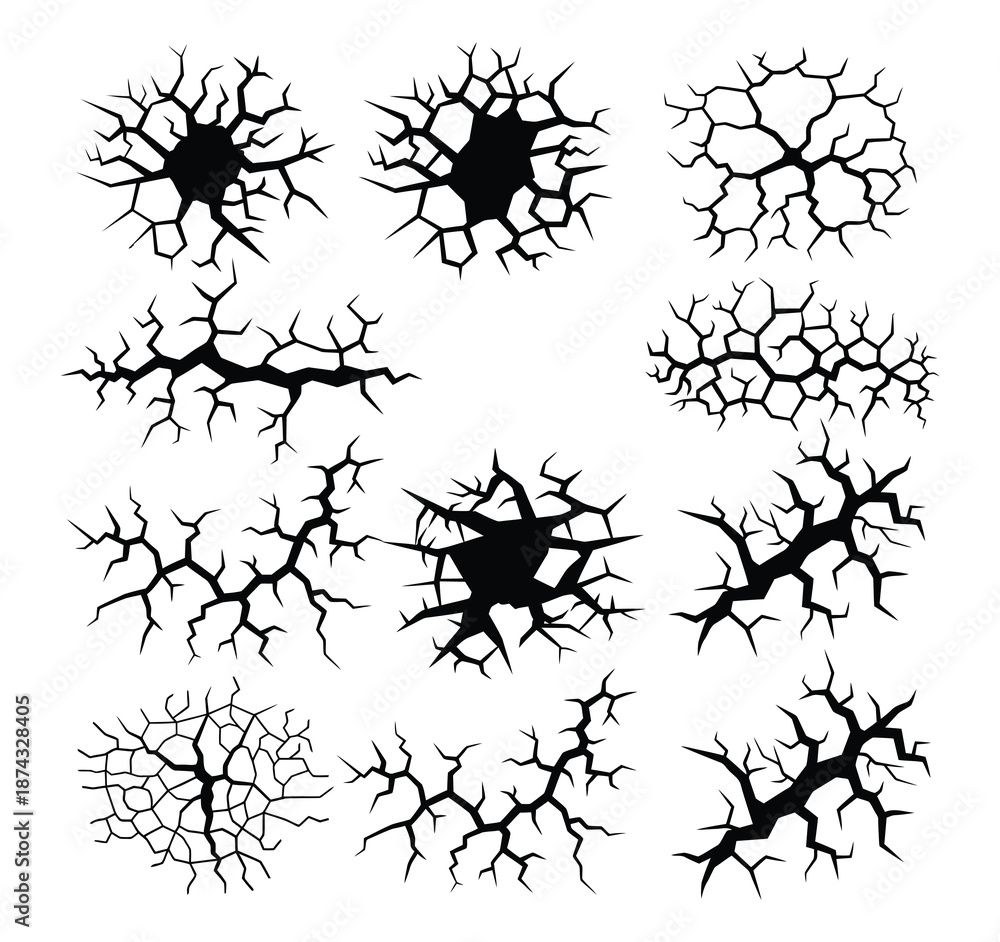 Fototapeta premium Cracked surface texture. Icon set of crack texture, broken rock, crackle, cracked wall, damaged floor, cement surface. Flat icons vector illustrations isolated on transparent background