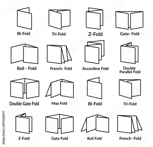 Various brochure fold types for marketing materials. Modern icon pack of icons themed around Brochure, created in Thin Line format. Designed for interfaces and digital products.