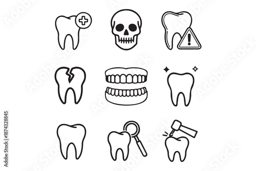 This image displays a grid of nine black-and-white line icons related to dentistry and oral health. The icons illustrate a range of topics, including healthy teeth (sparkling and basic forms), dental 