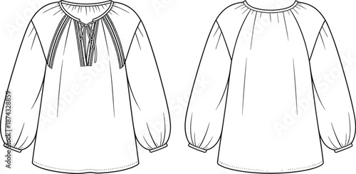 Technical fashion illustration of women blouse front and back view, long sleeve peasant top design sketch isolated on white background for apparel production use