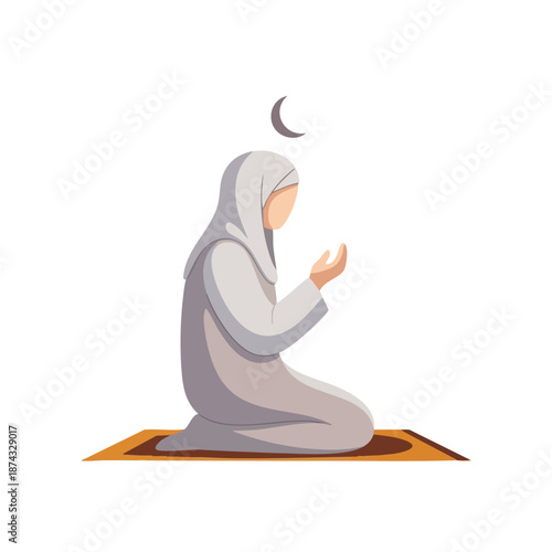 Illustration of a woman in hijab praying during ramadhan with hands raised and crescent moon above on a prayer mat