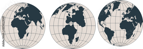 World globe vector set showing different views of Earth, modern map design isolated on white background for geography, education, travel, and global business concepts