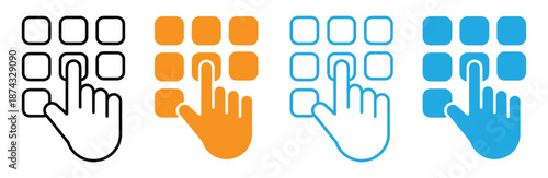 Finger click keypad enter pin, code, password, pattern, autofill, swipe, fingerprints, lock, unlock, passkey icon set vector. Pointer cursor сomputer mouse icon. Clicking cursor, hand clicks icon