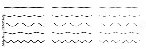 Wave line and wavy zigzag pattern lines. Vector black underlines, smooth end squiggly horizontal curvy squiggles on white background.