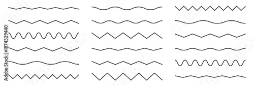 Wave line and wavy zigzag pattern lines. Vector black underlines, smooth end squiggly horizontal curvy squiggles on white background.