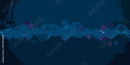 Abstract blue and purple shapes form a textured flowing horizontal band