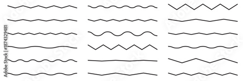 Wave line and wavy zigzag pattern lines. Vector black underlines, smooth end squiggly horizontal curvy squiggles on white background.