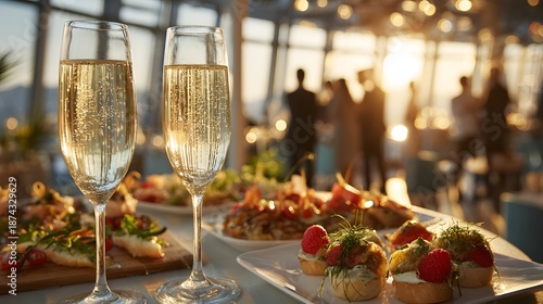 Elegant corporate reception with champagne flutes, sparkling wine and gourmet canapes at sunset party
