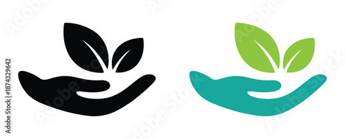 Eco friendly hands holding green leaves symbolizing nature care. Icon of a hand supporting a plant, meaning new life and eco-friendly.