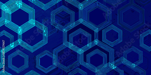 Abstract blue background with interconnected hexagonal grid lines and glowing effects