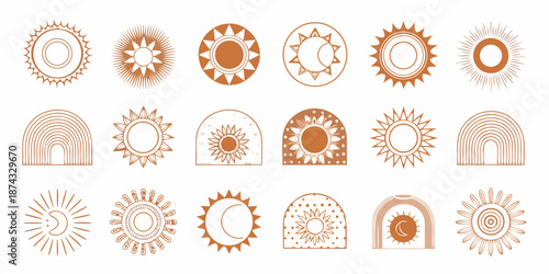 Collection of abstract sun and rainbow illustrations in earthy orange tones