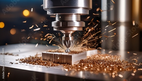 close up view of a metal milling machine cutting and shaping a piece of metal with metal shavings scattered around highlighting precision industrial machining work