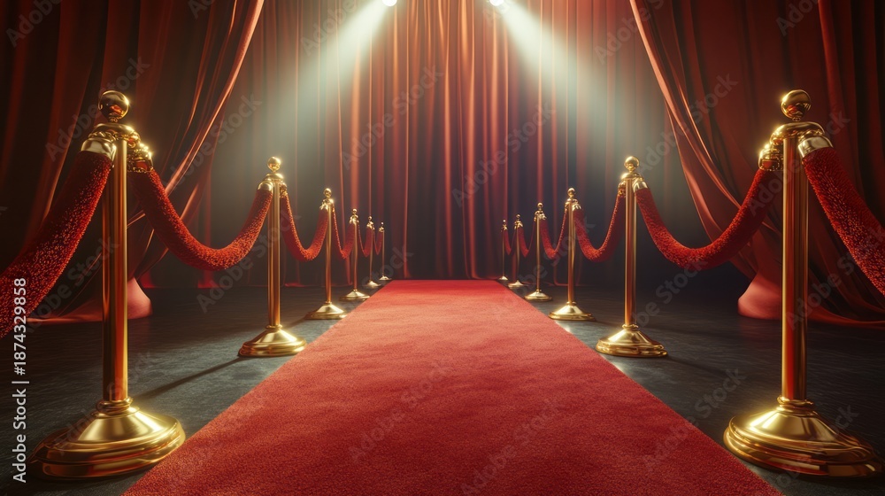 Obraz premium Guests arrive at the red carpet entrance, greeted by glamorous lights. The event captures attention with a spotlight unveiling on stage, showcasing a luxury gathering radiating excitement and elegance