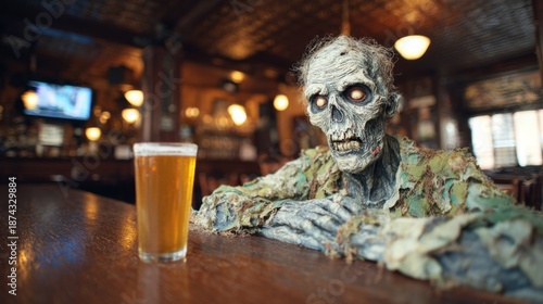 Zombie sits at the bar with beer in a dimly lit pub during the evening