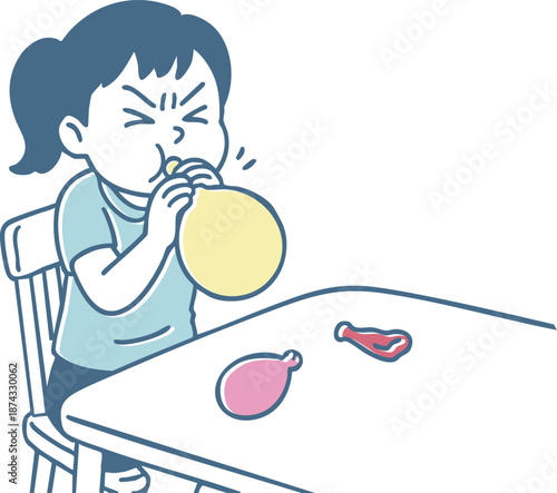 一生懸命に風船を膨らませて遊んでいる女の子のイラスト