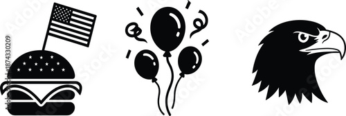 American cultural icons set, burger with flag, party balloons and bald eagle head for fourth of July