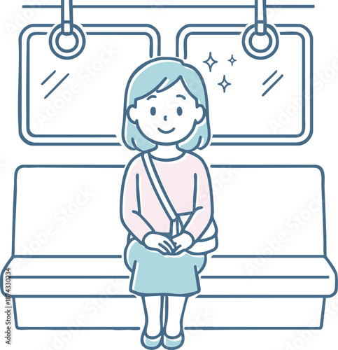 電車で座席に座る女性のイラスト　通勤・通学・車内マナー・公共交通機関