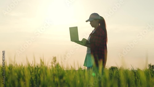 farmer silhouette work field laptop, sunset, greenhouse, silhouette, grown, agricultural technician with laptop hands examines field, green grass, male, agronomy industry eco, food, man farmer working