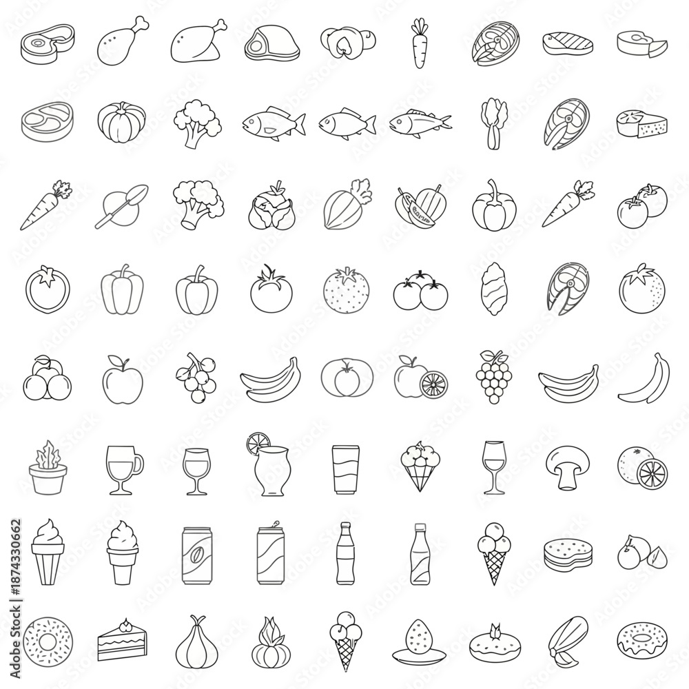 Fototapeta premium Food and Drink Line Icons Set Collection Vector Illustration Design Elements.png