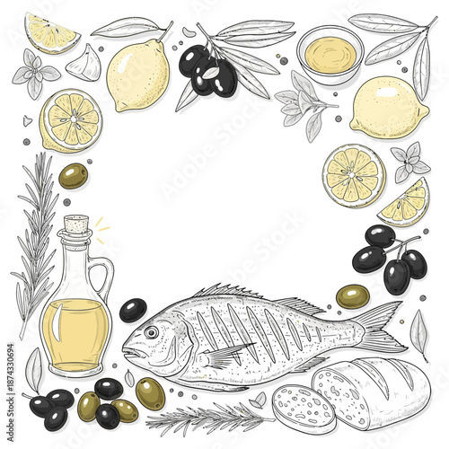 Fresh Fish Olive Oil Lemon Garlic Basil Vegetables Rustic Bread Marinated Dish.png