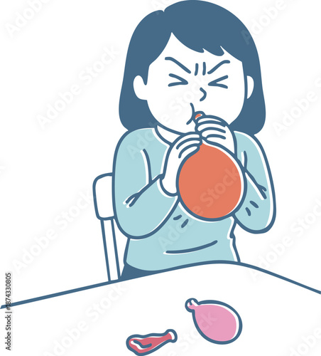 一生懸命に風船を膨らませる女性のイラスト