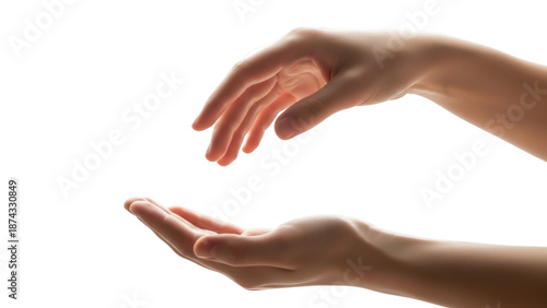 Fotografija Two hands reaching isolated PNG on transparent background, cupped palm and open