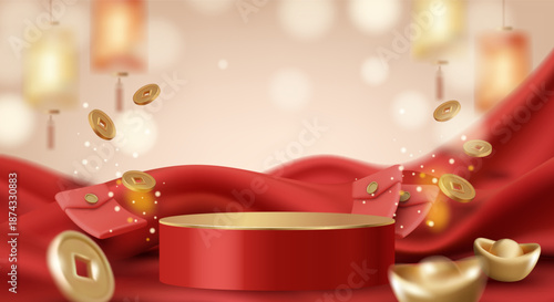3D vector illustration red podium on wavy silk fabric bokeh background. Chinese New Year product display, flying gold coins, red envelopes. Luxury premium festive design template.