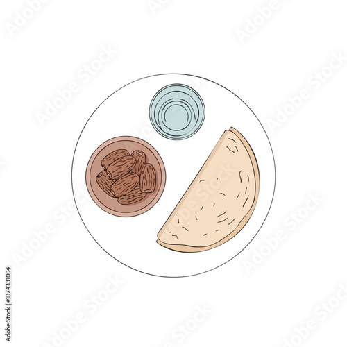 Illustration of a plate with a bowl of dates, a glass of water, and a piece of flatbread on a white background, symbolizing a traditional ramadhan meal.