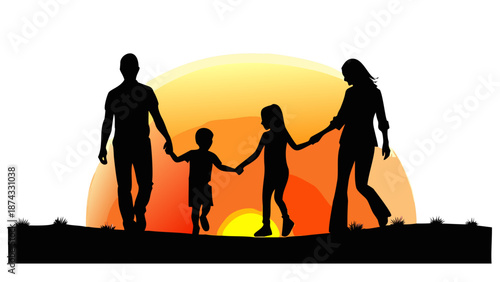 Heartwarming silhouette of a father and mother holding hands with their two children, walking together during sunset, expressive shapes, vector illustration.