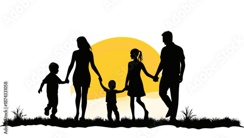 Heartwarming silhouette of a father and mother holding hands with their two children, walking together during sunset, expressive shapes, vector illustration.