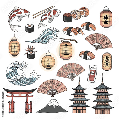 Japanese Culture Collection Sushi Koi Fans Torii Gate Mount Fuji Pagoda Lanterns Waves.png