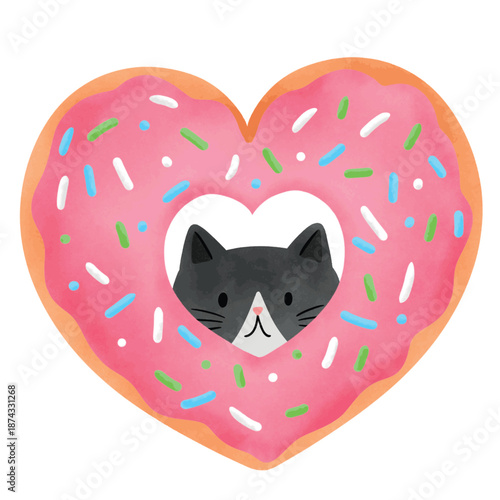 Black Cat Peeking Through Heart Donut